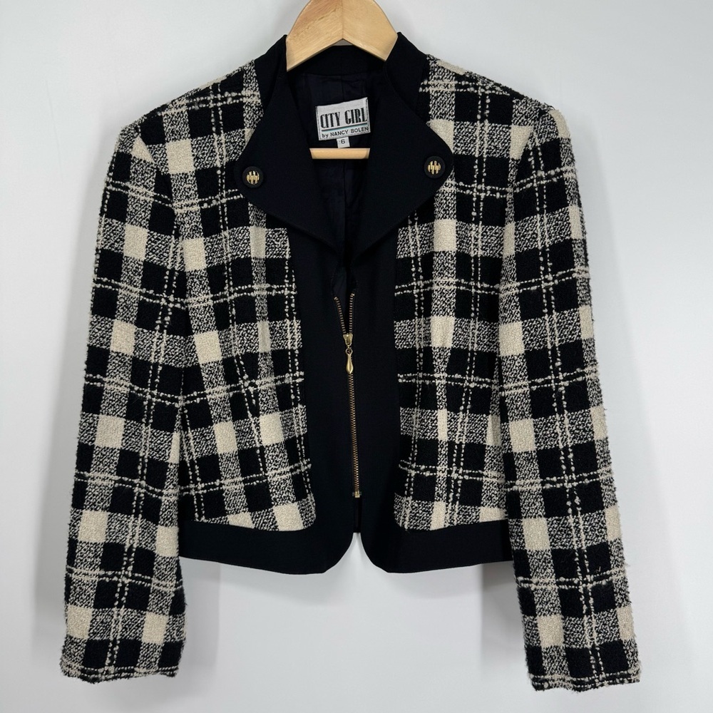 Vintage cropped plaid gingham zip up jacket blazer